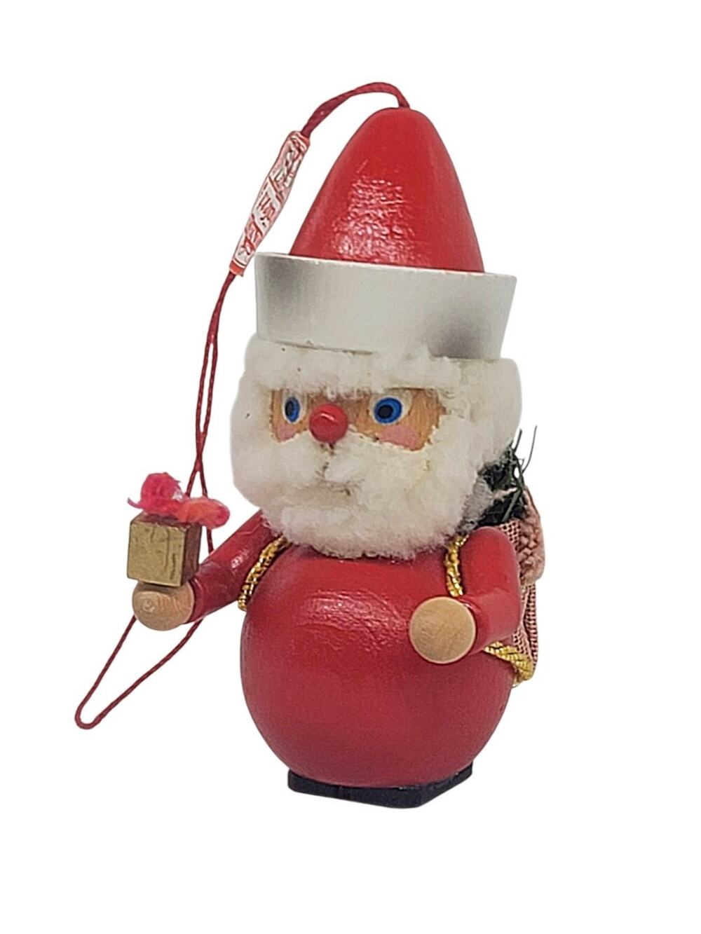 Vtg Steinbach Wood Santa Present Burlap Heart Backpack Tag Ornament 3.5" CL70